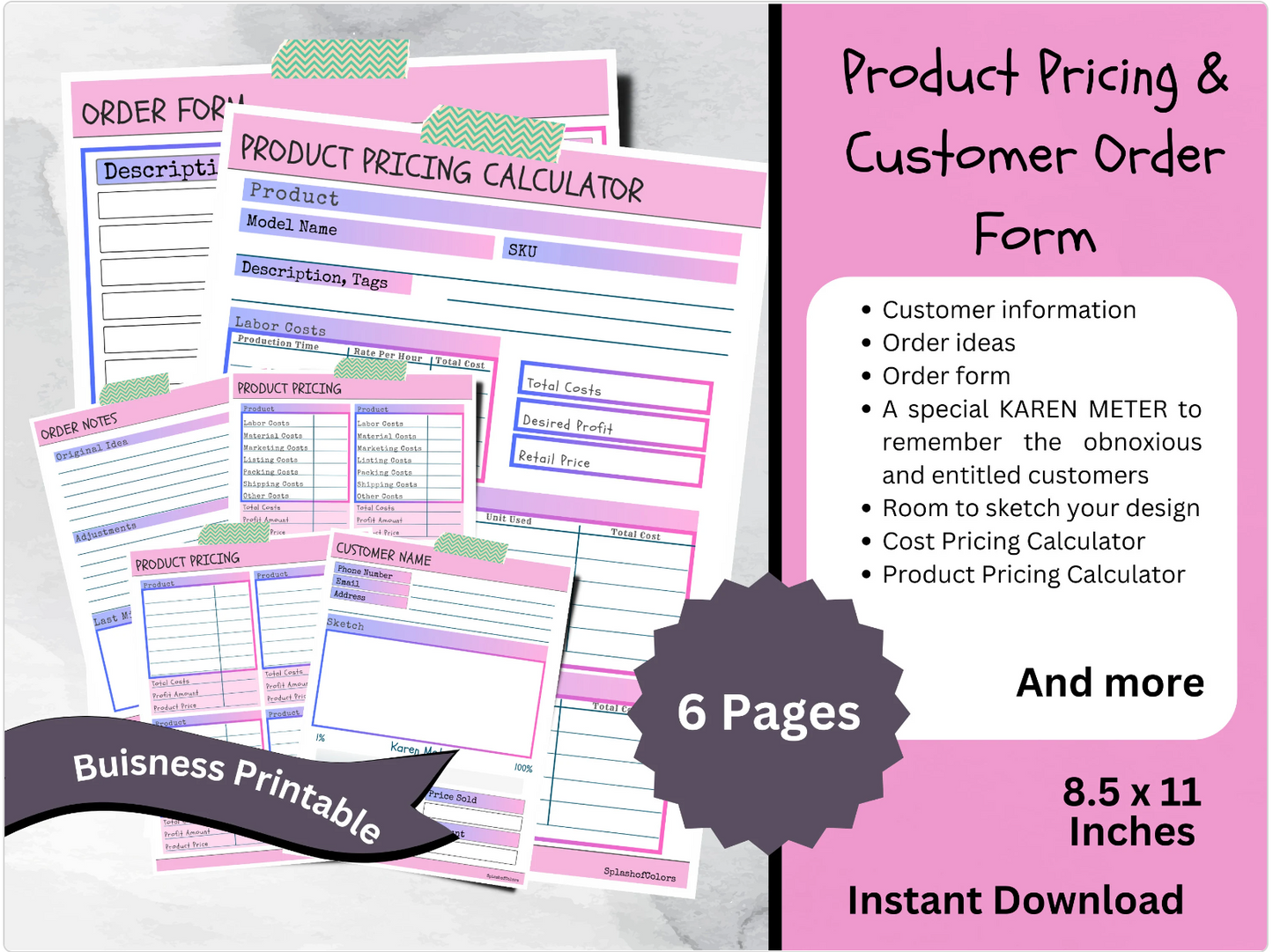 Printable Customer Order Form Template, Customer Detail Sheet for Identifying Customers & Product Pricing Calculator