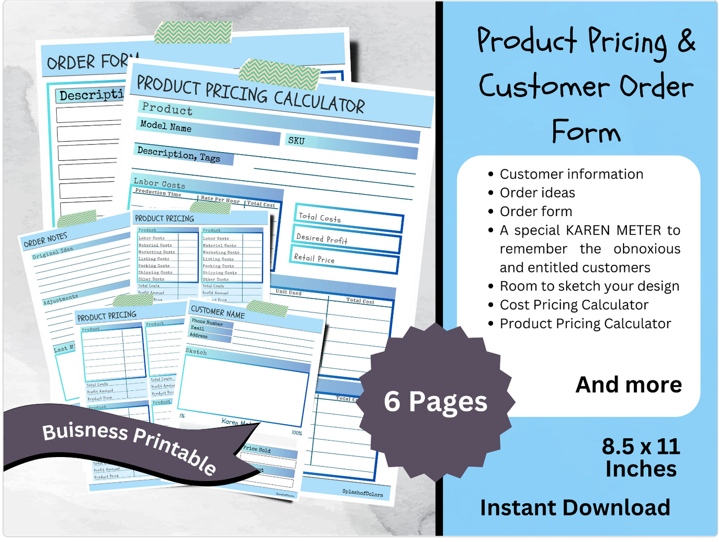 Printable Customer Order Form Template, Customer Detail Sheet for Identifying Customers & Product Pricing Calculator