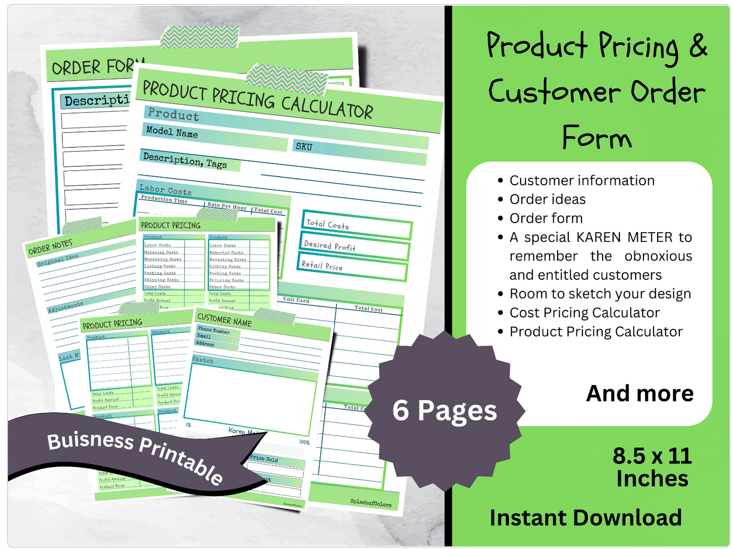 Printable Customer Order Form Template, Customer Detail Sheet for Identifying Customers & Product Pricing Calculator