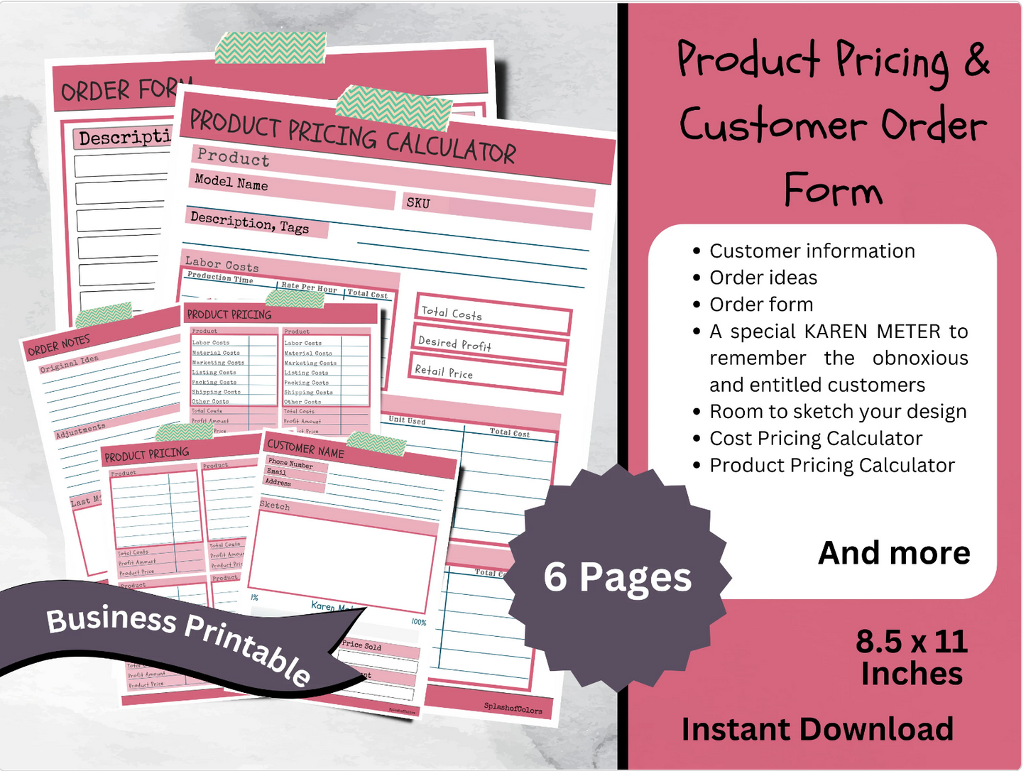 Printable Customer Order Form Template, Customer Detail Sheet for Identifying Customers & Product Pricing Calculator