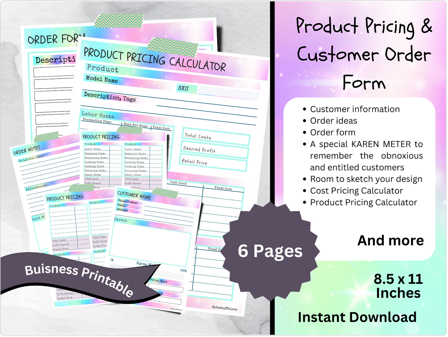 Printable Customer Order Form Template, Customer Detail Sheet for Identifying Customers & Product Pricing Calculator