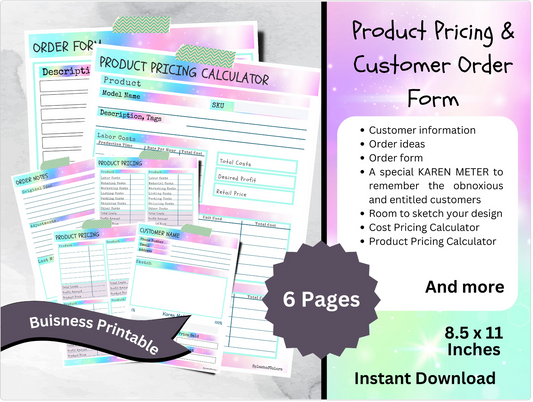 Printable Customer Order Form Template, Customer Detail Sheet for Identifying Customers & Product Pricing Calculator