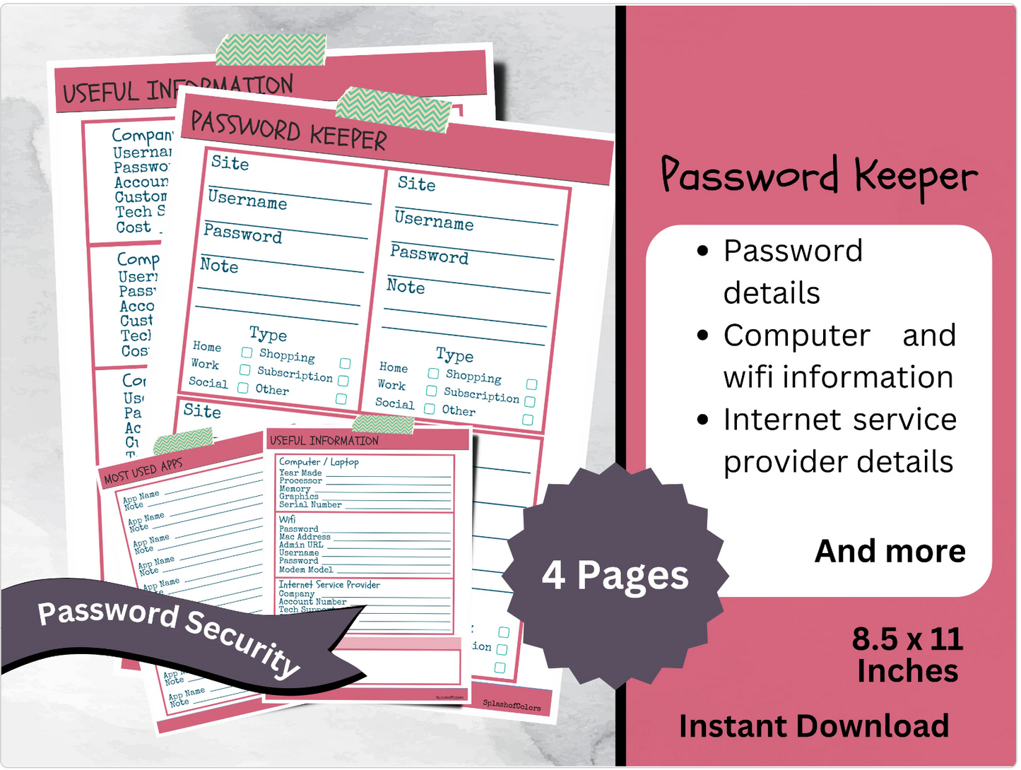 Printable Password Organizer, Utility, Services, Apps, and Computer Information, Digital Life Organization Tool