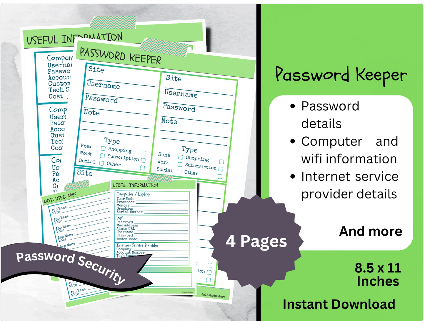 Printable Password Organizer, Utility, Services, Apps, and Computer Information, Digital Life Organization Tool