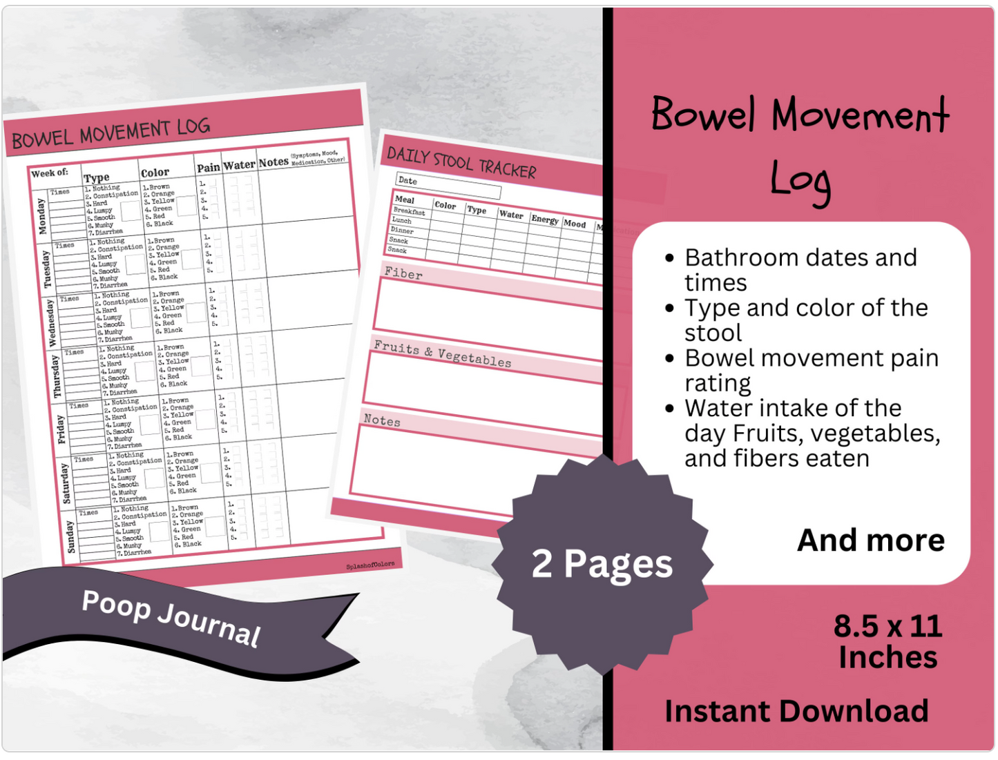 Printable Bowel Movement Log, Daily Stool Tracker, Poop Journal, IBS Management