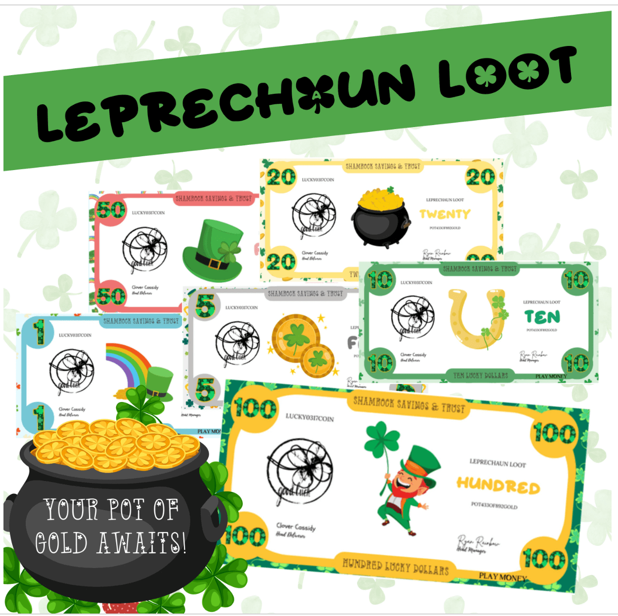 Printable Leprechaun Loot, Lucky Charm Currency, Instant Luck