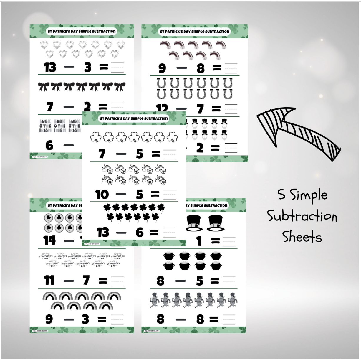 Simple Addition and Subtraction St Patrick's Day Themed Math Worksheets