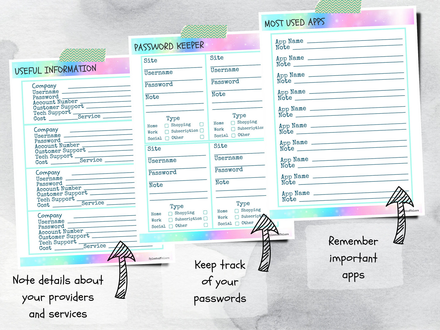 Printable Password Organizer, Utility, Services, Apps, and Computer Information, Digital Life Organization Tool