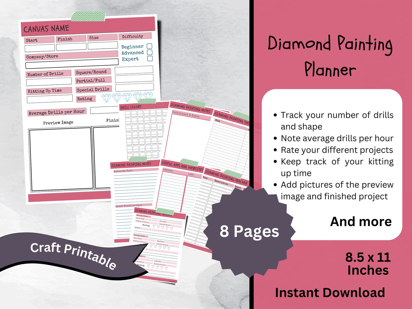 Printable Diamond Painting Planner, Paint with Diamonds Organizer