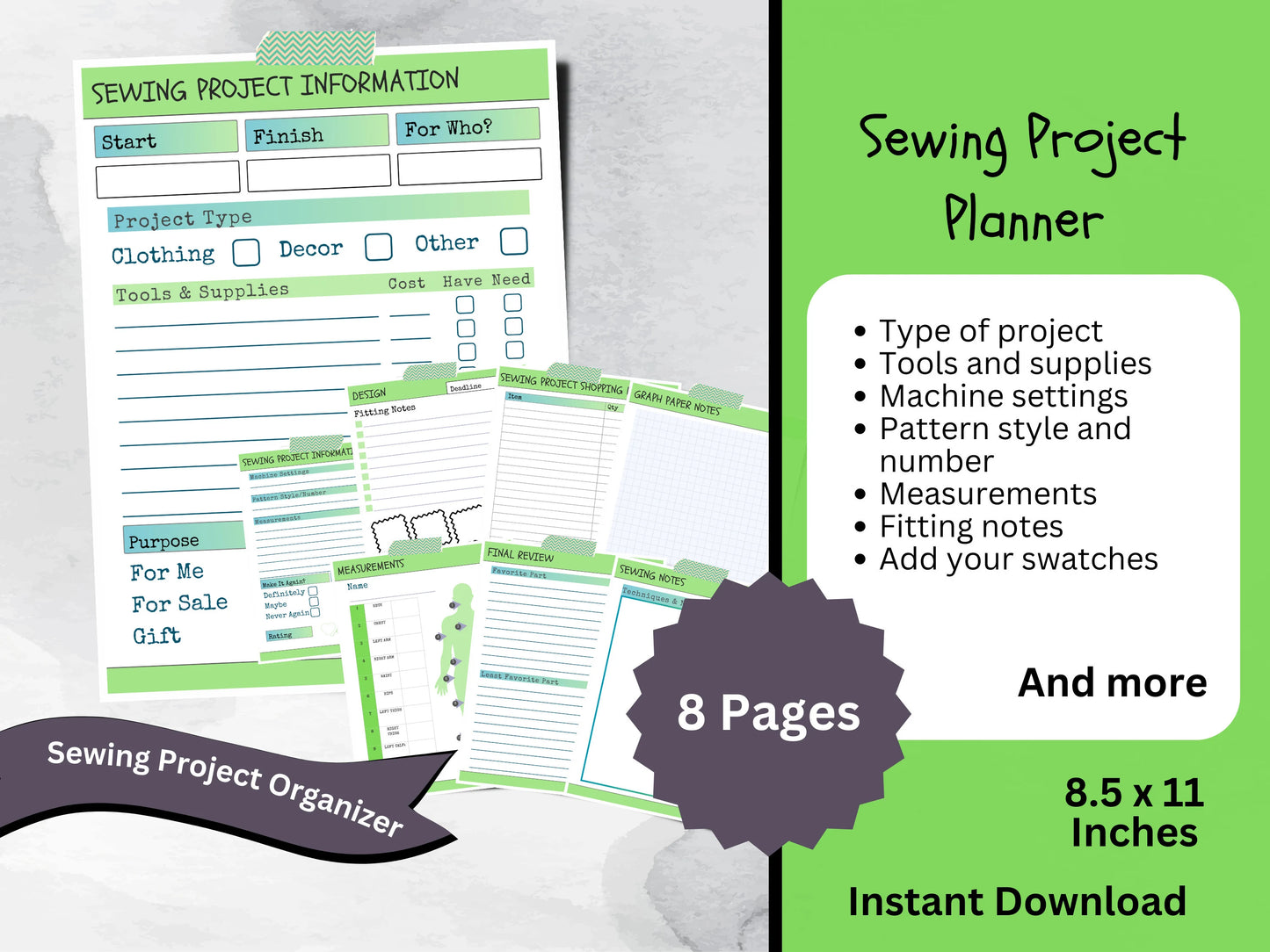 Printable Sewing Project Planner With Measurement Tracker, Cute Journal for Beginner