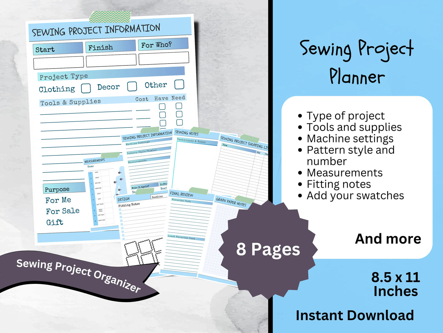 Printable Sewing Project Planner With Measurement Tracker, Cute Journal for Beginner