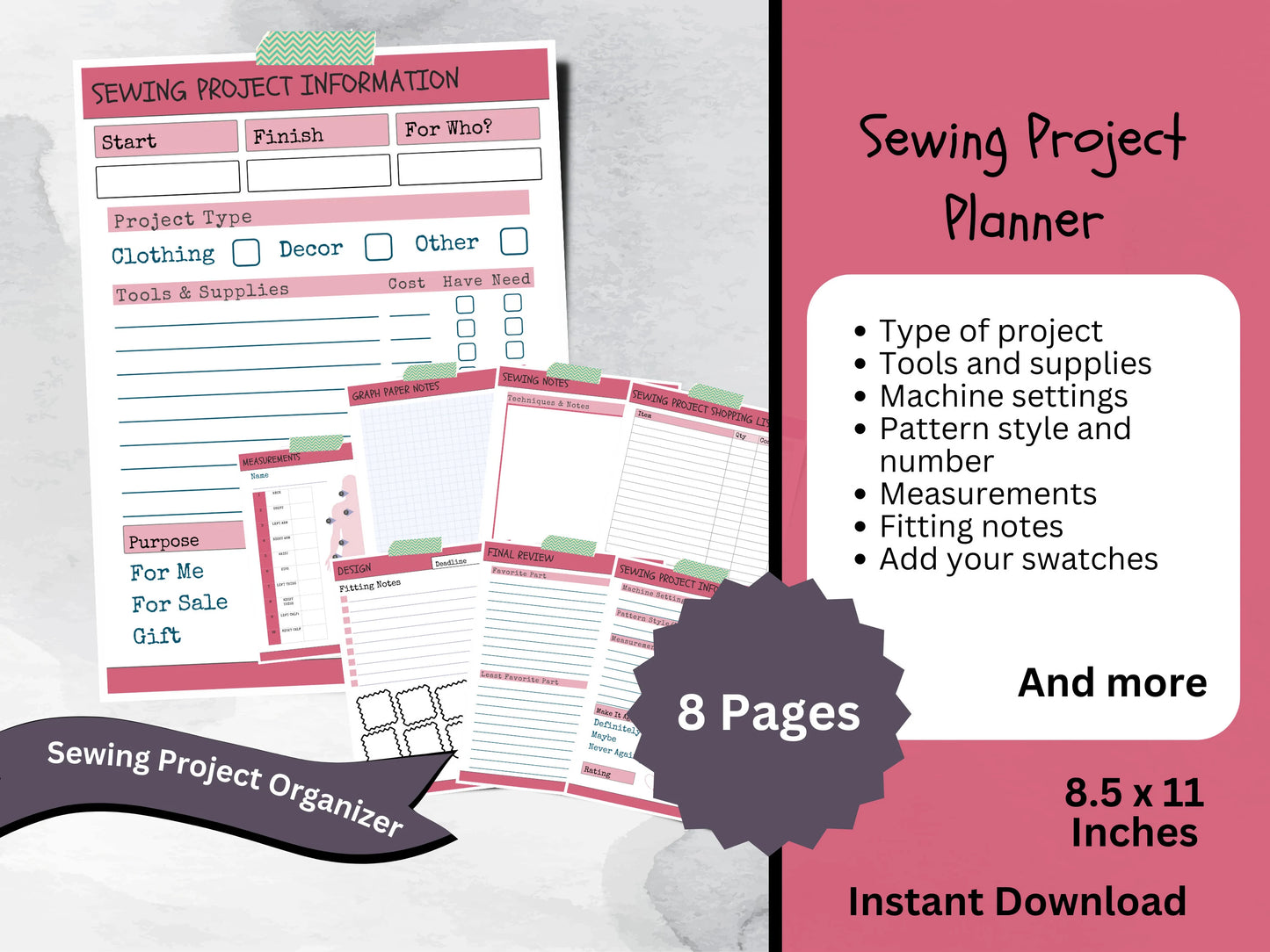 Printable Sewing Project Planner With Measurement Tracker, Cute Journal for Beginner