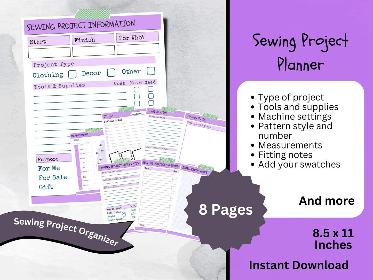 Printable Sewing Project Planner With Measurement Tracker, Cute Journal for Beginner