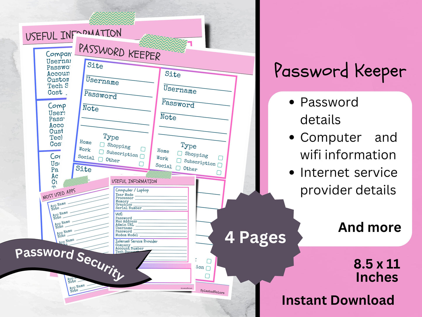 Printable Password Organizer, Utility, Services, Apps, and Computer Information, Digital Life Organization Tool