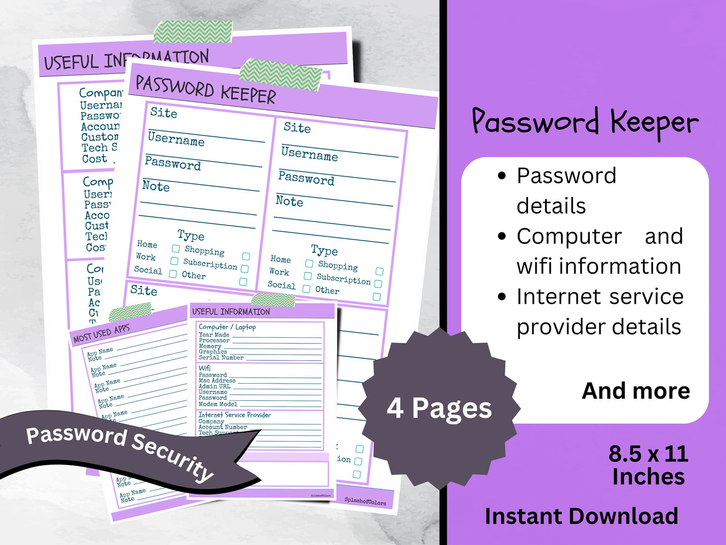 Printable Password Organizer, Utility, Services, Apps, and Computer Information, Digital Life Organization Tool