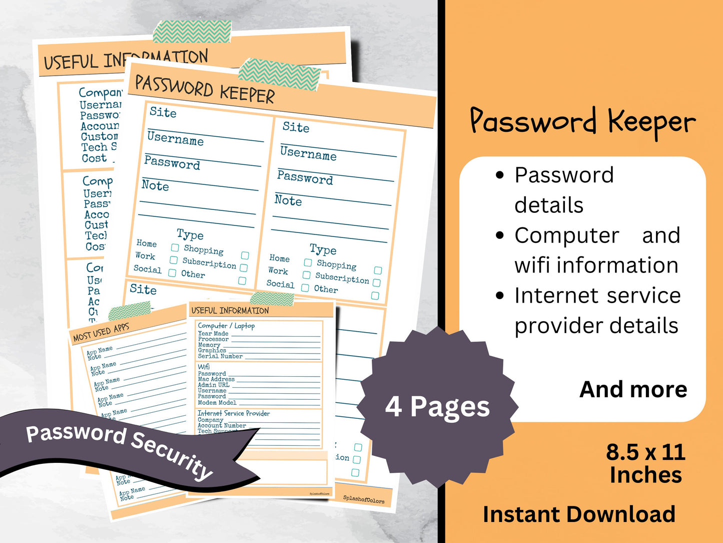 Printable Password Organizer, Utility, Services, Apps, and Computer Information, Digital Life Organization Tool