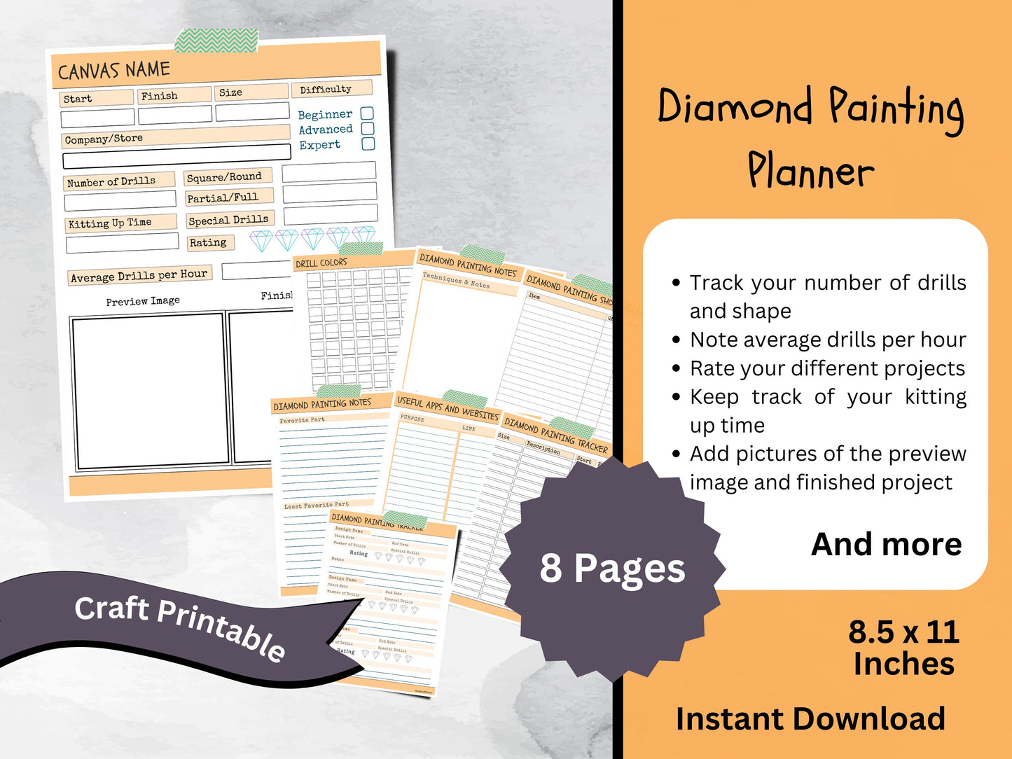 Printable Diamond Painting Planner, Paint with Diamonds Organizer