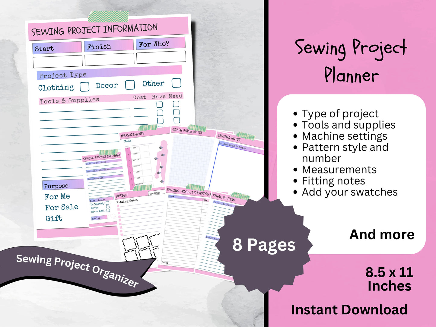 Printable Sewing Project Planner With Measurement Tracker, Cute Journal for Beginner