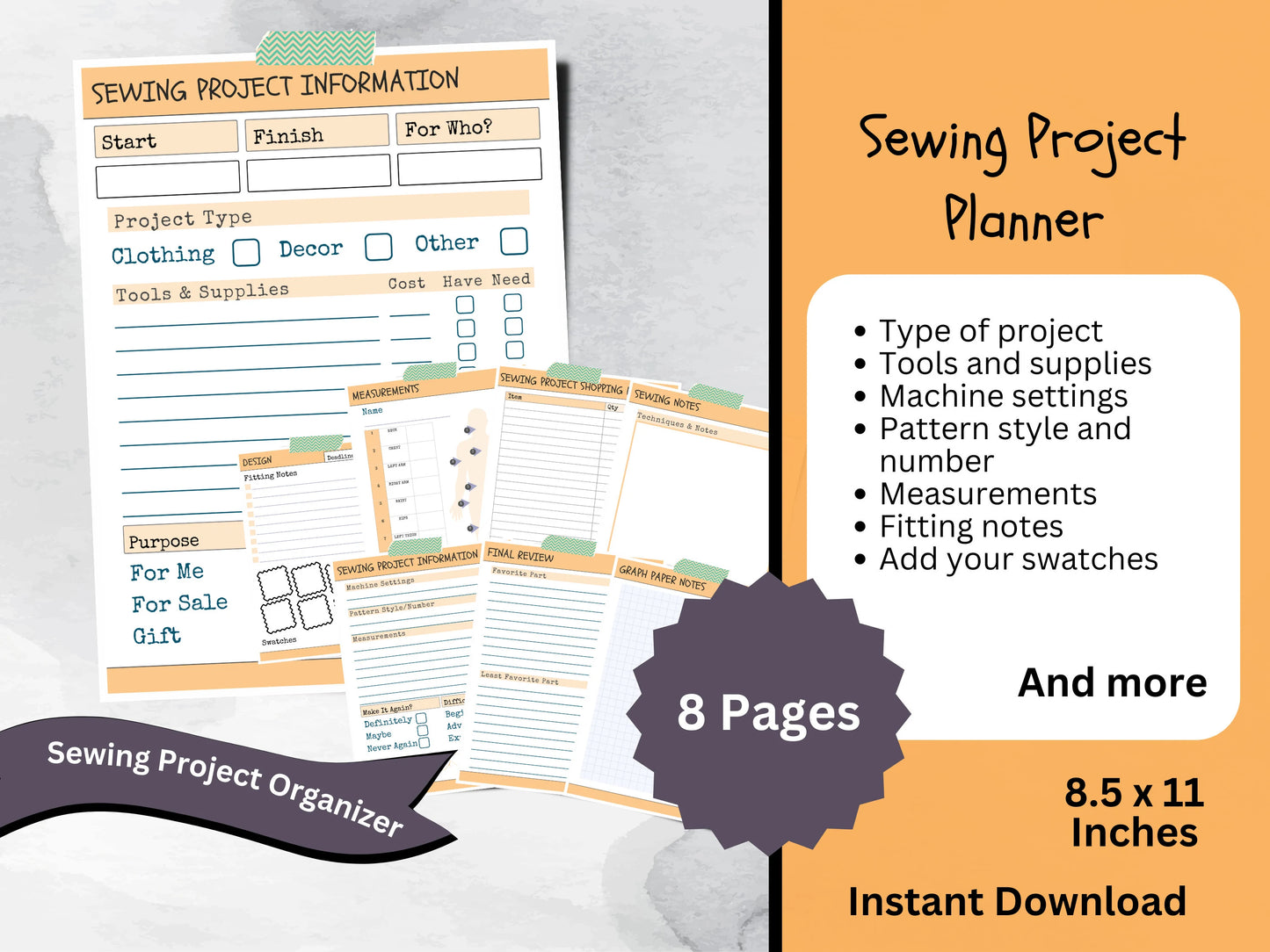 Printable Sewing Project Planner With Measurement Tracker, Cute Journal for Beginner