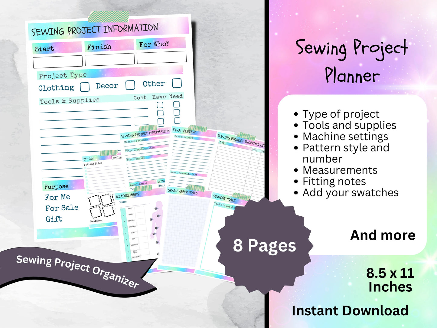 Printable Sewing Project Planner With Measurement Tracker, Cute Journal for Beginner