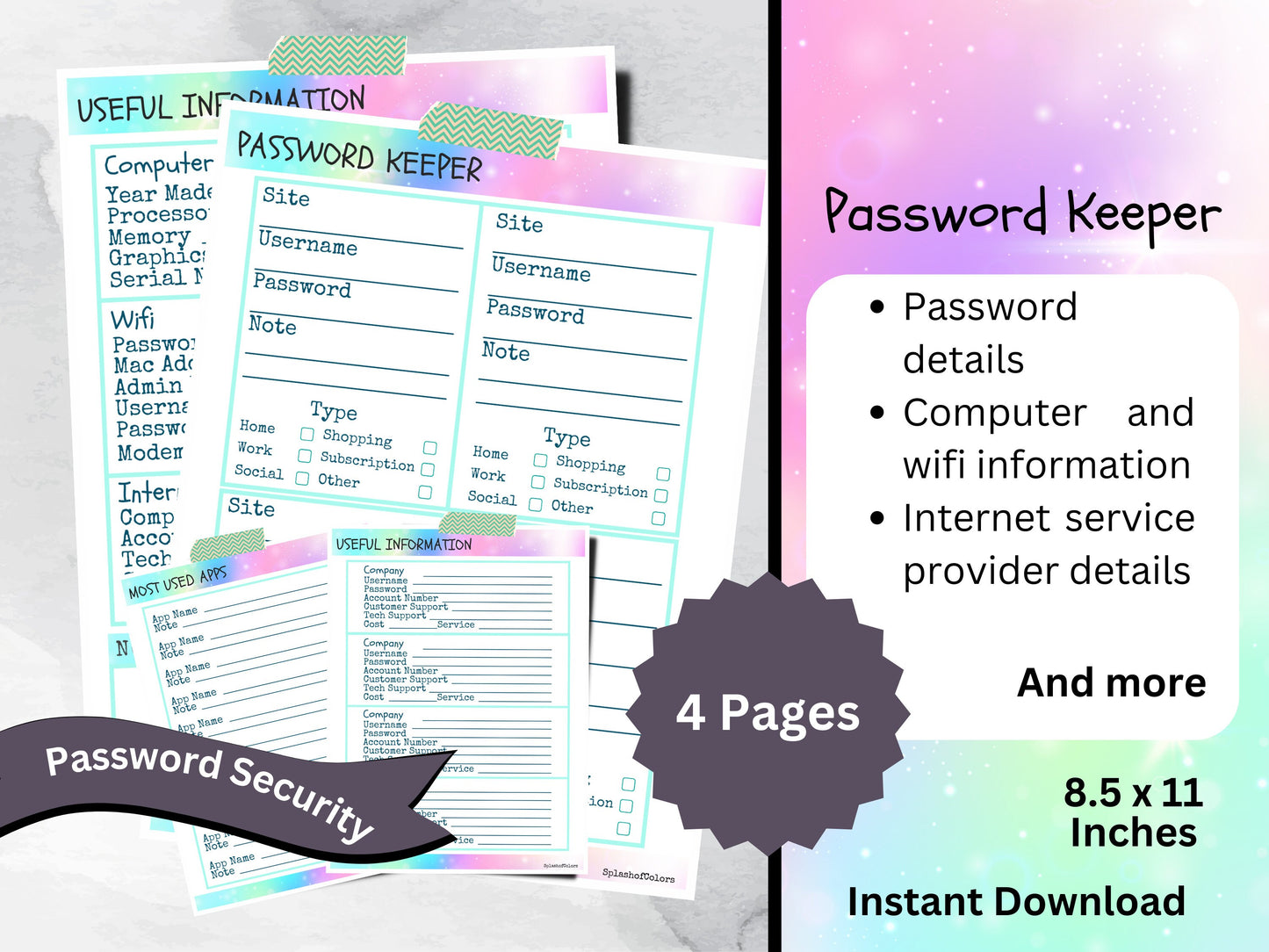 Printable Password Organizer, Utility, Services, Apps, and Computer Information, Digital Life Organization Tool