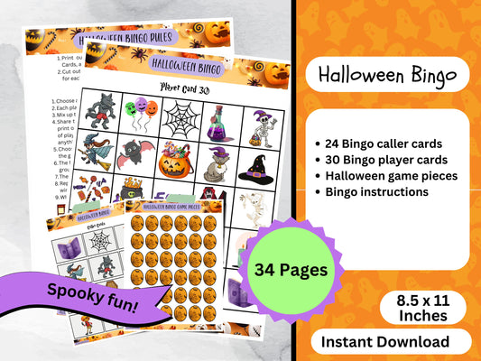 Halloween Bingo Printable Game, 30 Unique Bingo Cards, Halloween Activity for Kids