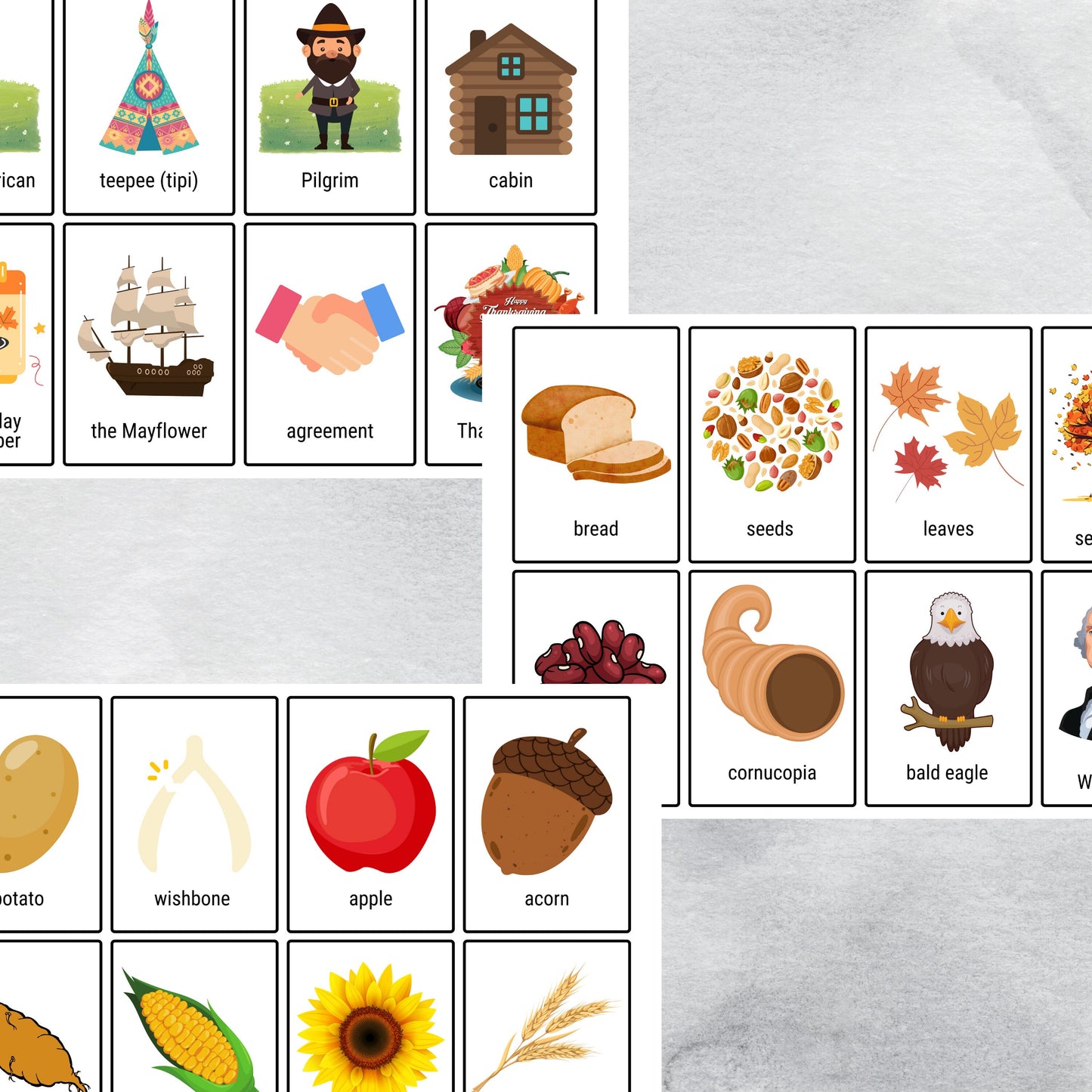 40 Thanksgiving Flashcards, Autumn Flash Cards for Kids, Montessori Inspired