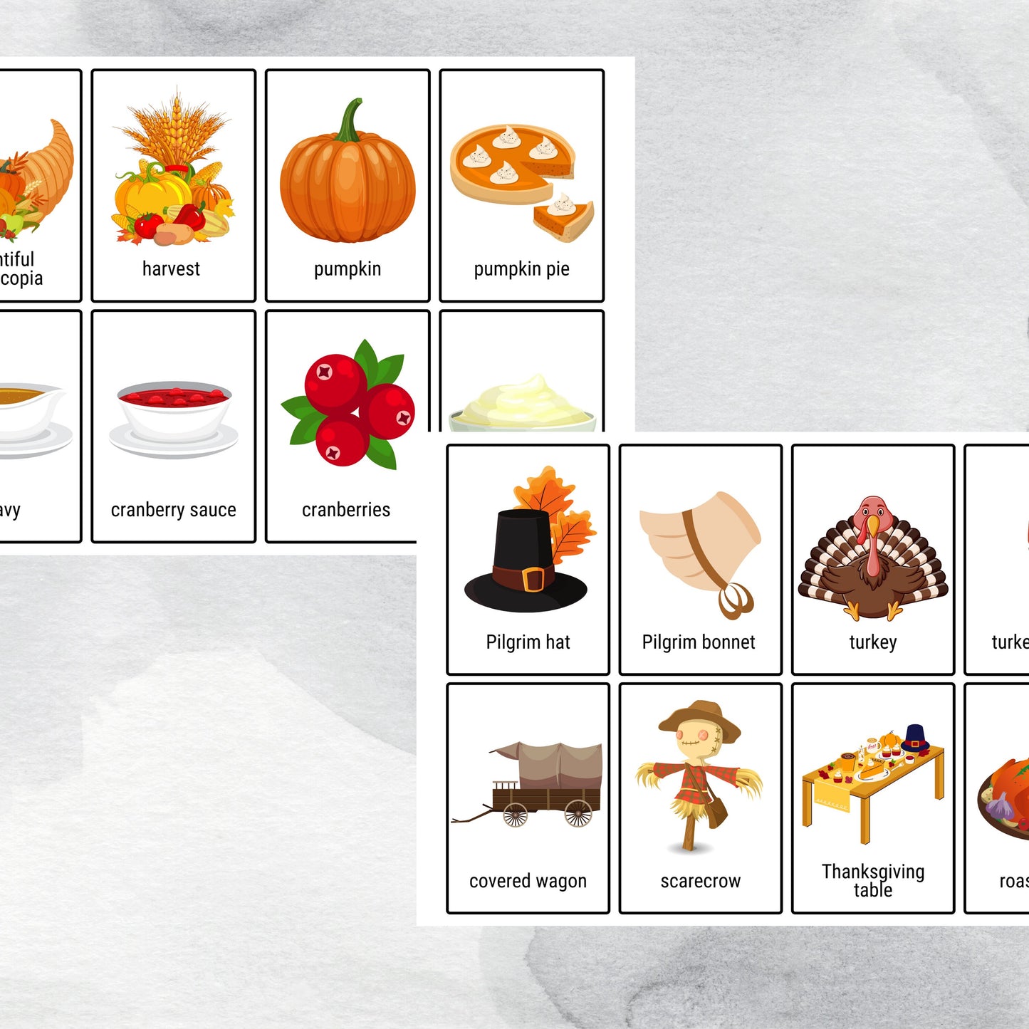 40 Thanksgiving Flashcards, Autumn Flash Cards for Kids, Montessori Inspired