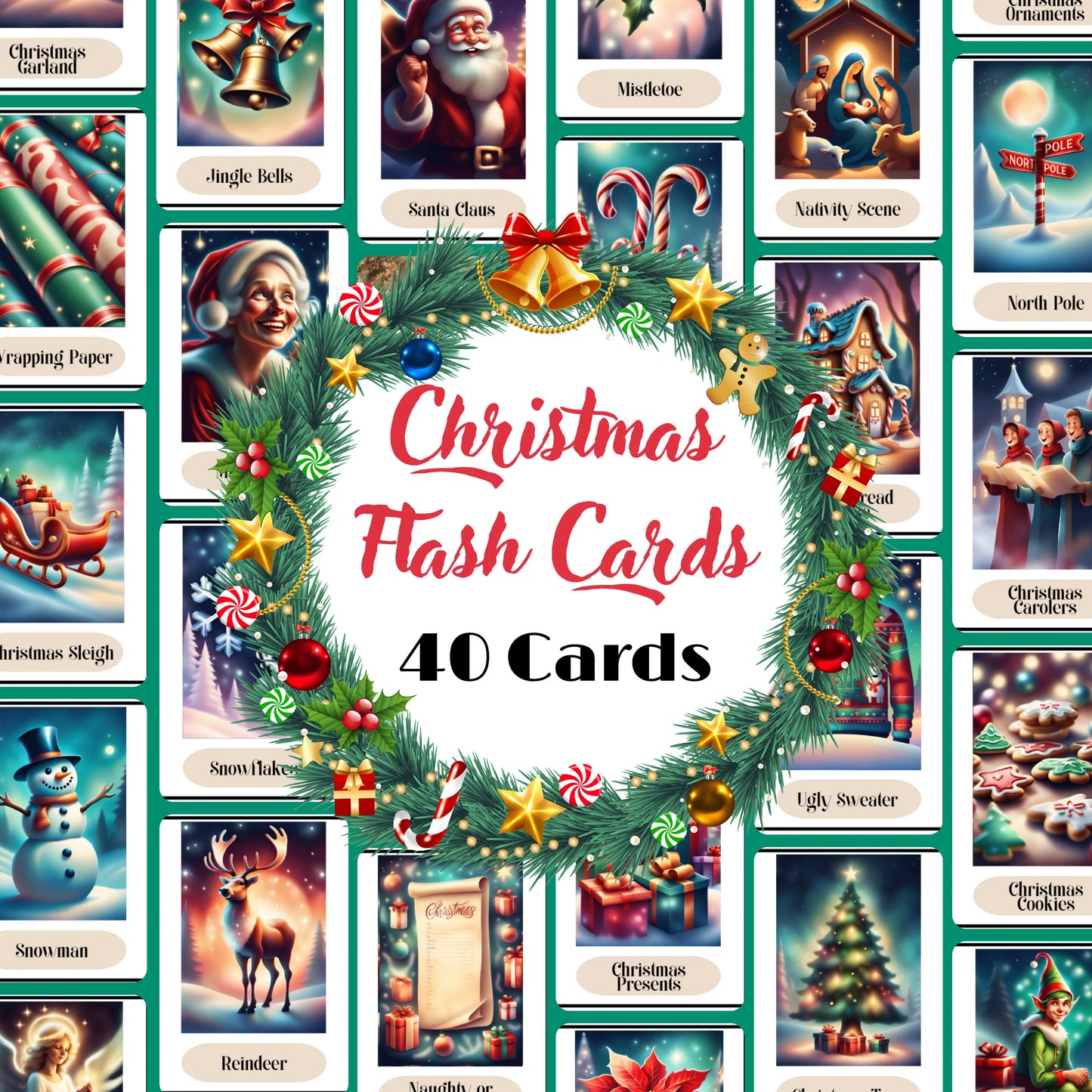 40 Christmas Flash Cards, Holiday Season Learning Resources