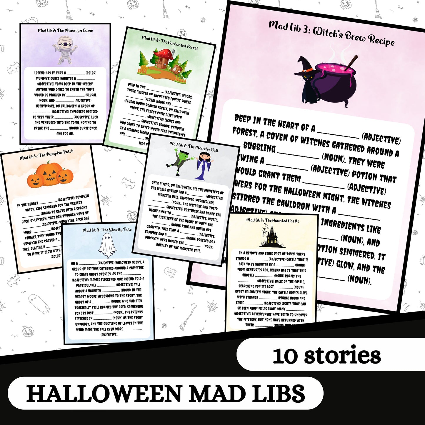 10 Printable Halloween Mad Libs, Spooky Themed Fill in the Blank Stories