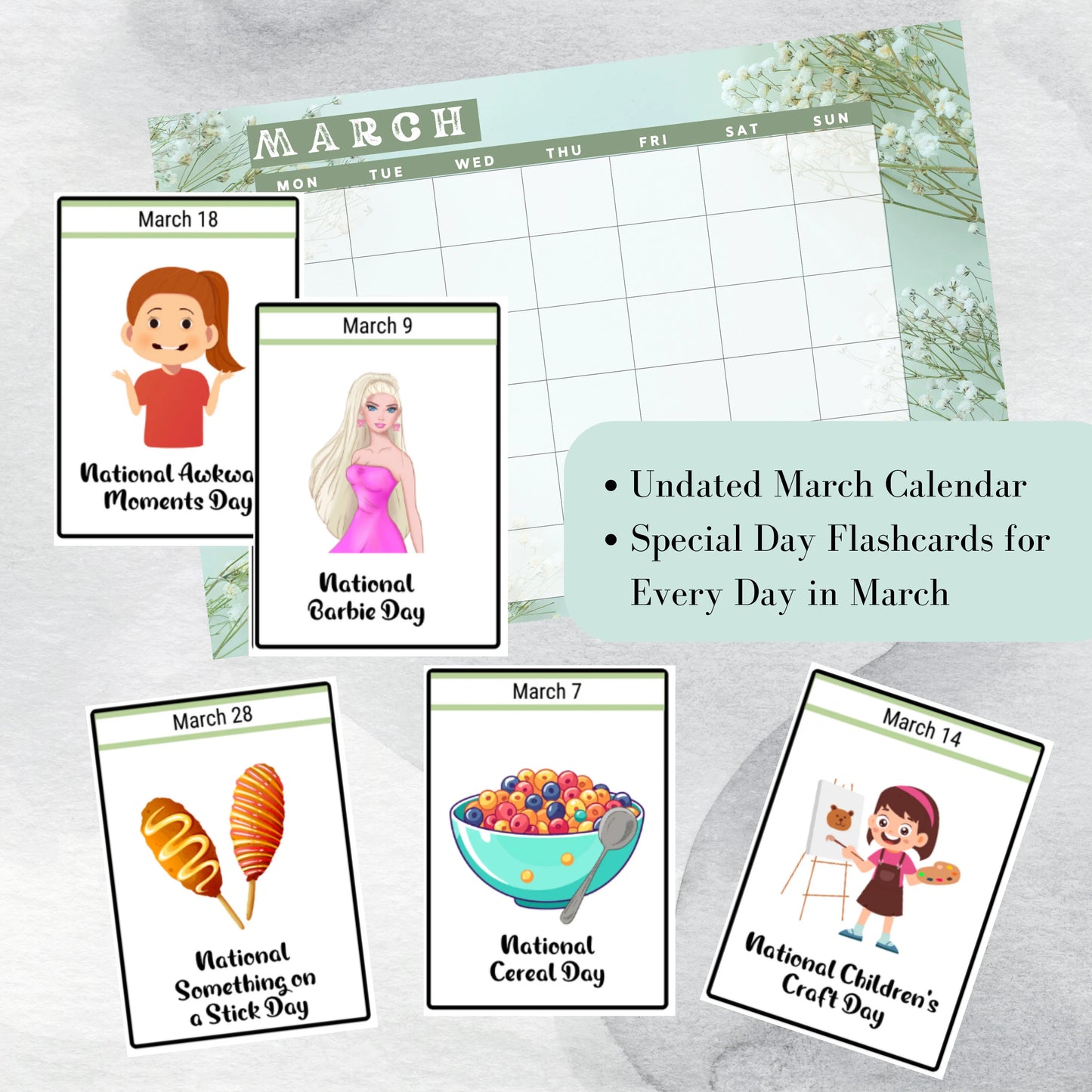 March National Days Flashcards and FREE Undated March Printable Calendar