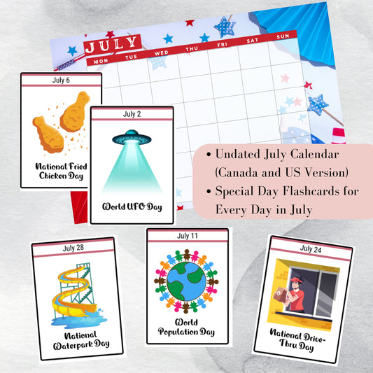 July National Days Flashcards and FREE Undated July Printable Calendar