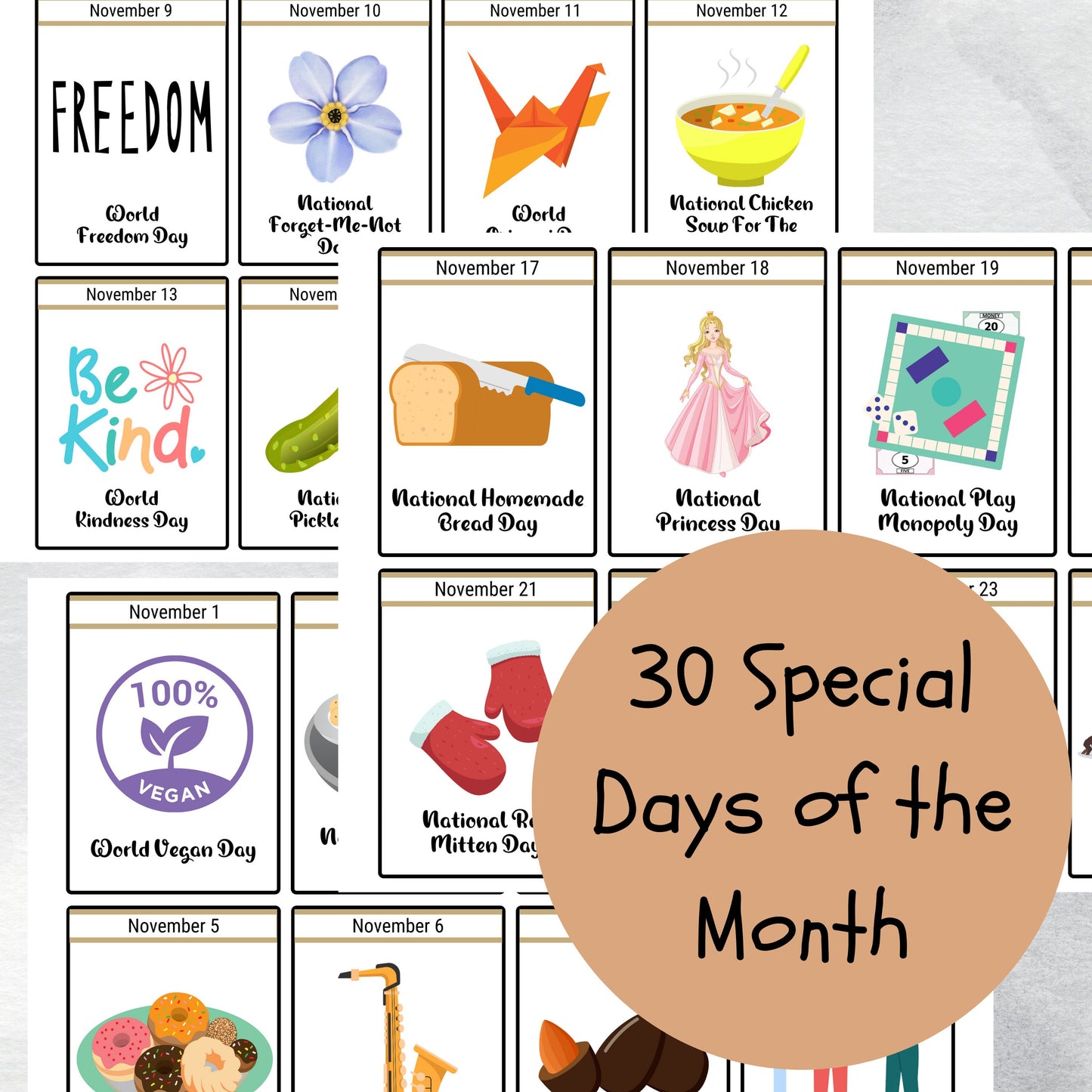 November National Days Flashcards and FREE Undated November Printable Calendar