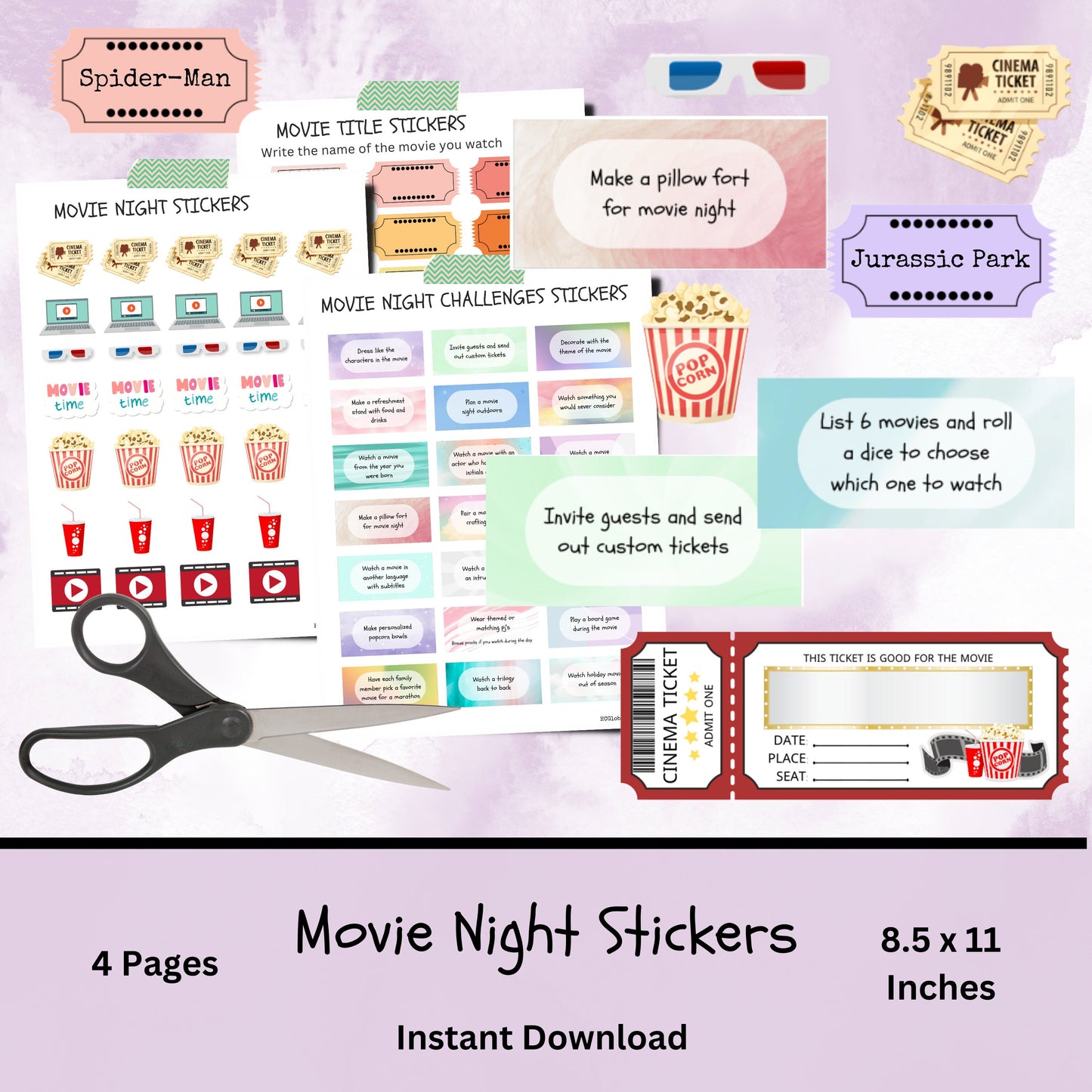 Movie Review Sticker Digital Download, Printable Movie Tickets, Printable Movie Challenges