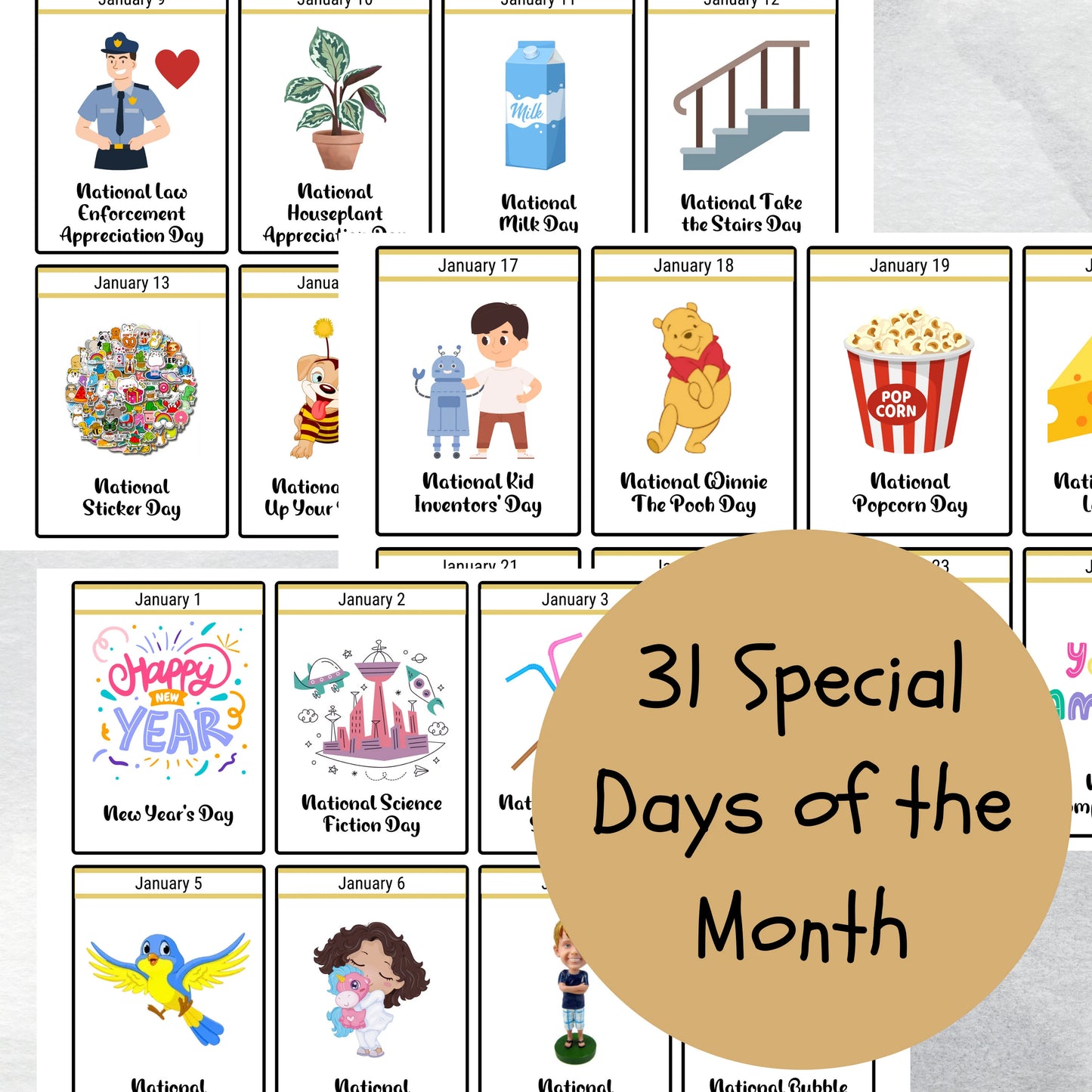 Januray National Days Flashcards and FREE Undated January Printable Calendar