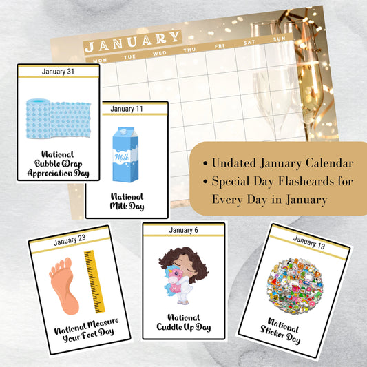 Januray National Days Flashcards and FREE Undated January Printable Calendar