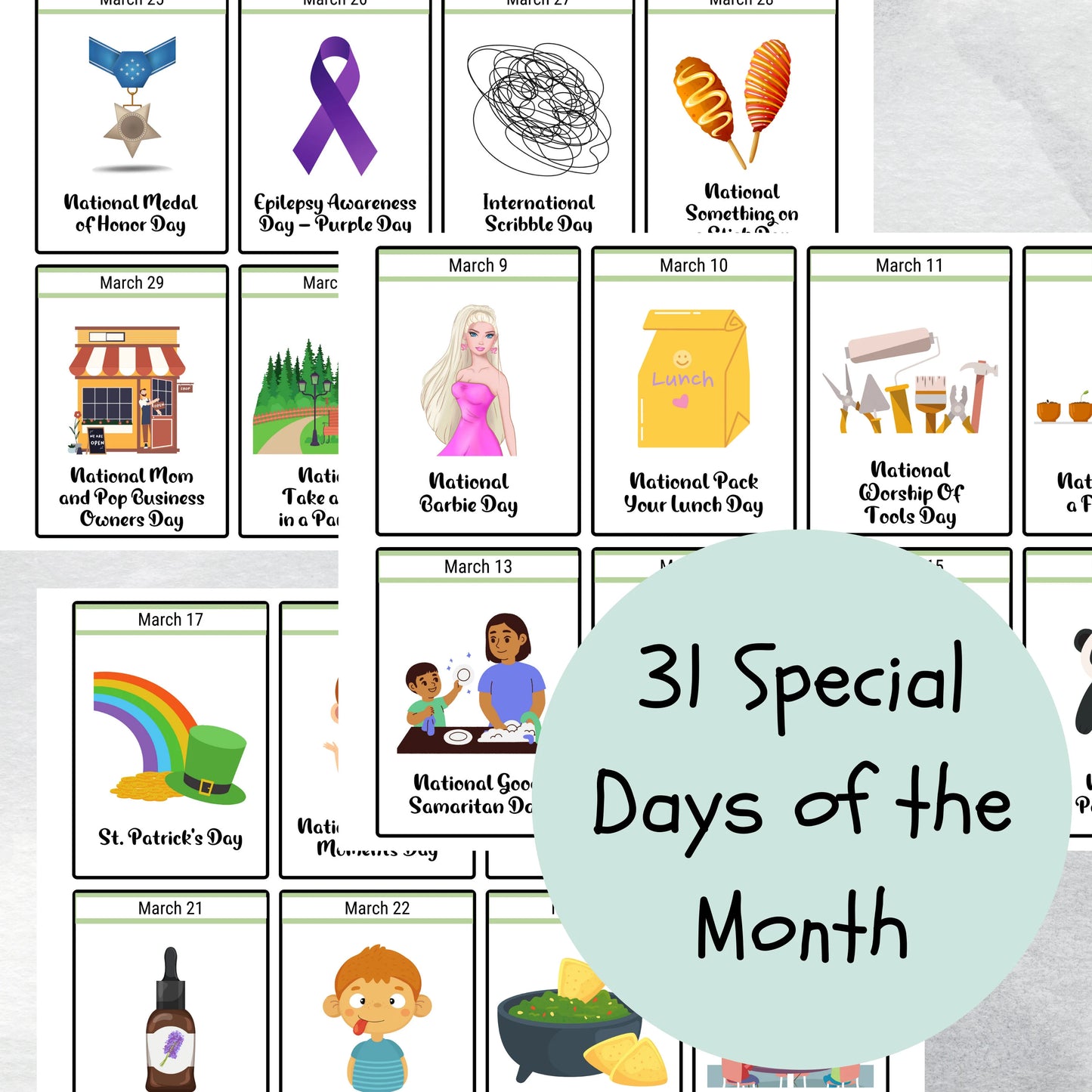 March National Days Flashcards and FREE Undated March Printable Calendar