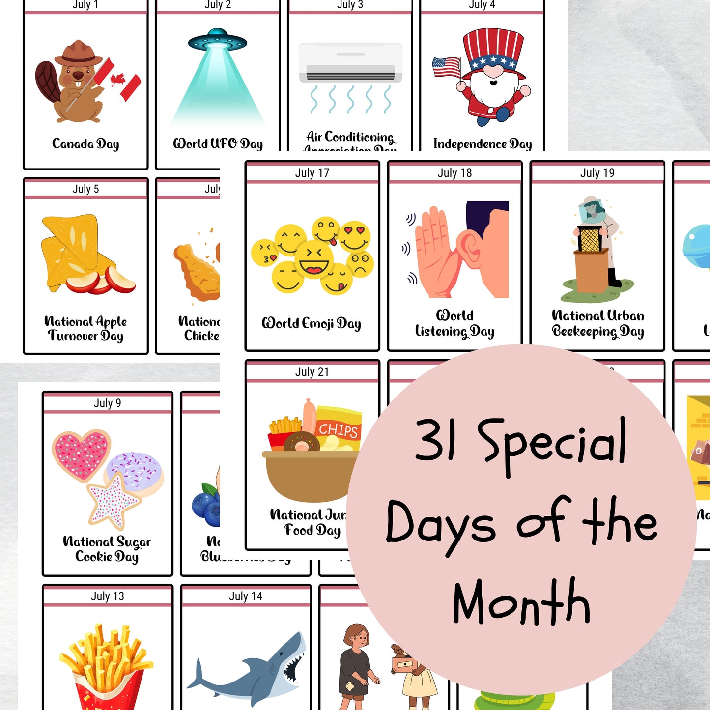 July National Days Flashcards and FREE Undated July Printable Calendar