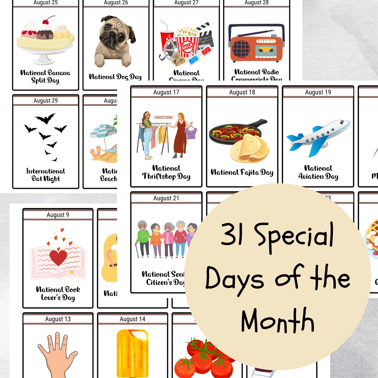 August National Days Flashcards and FREE Undated August Printable Calendar