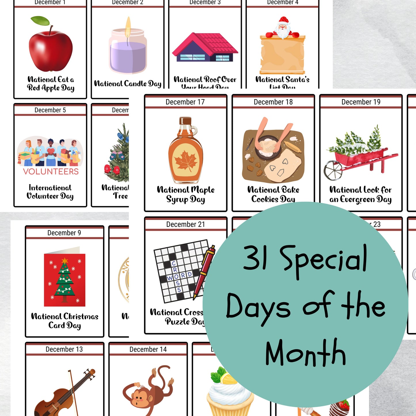 December National Days Flashcards and FREE Undated December Printable Calendar