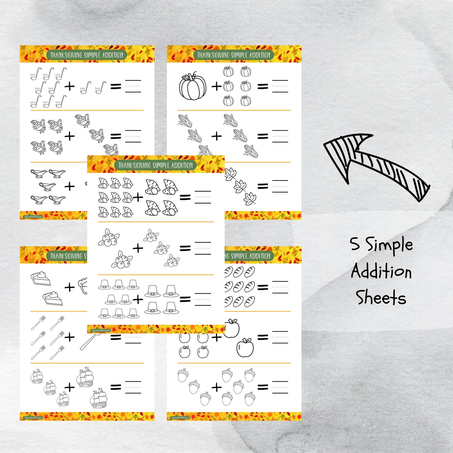 Simple Addition and Subtraction Fall Themed Math Worksheet Printables, Autumn Counting Templates