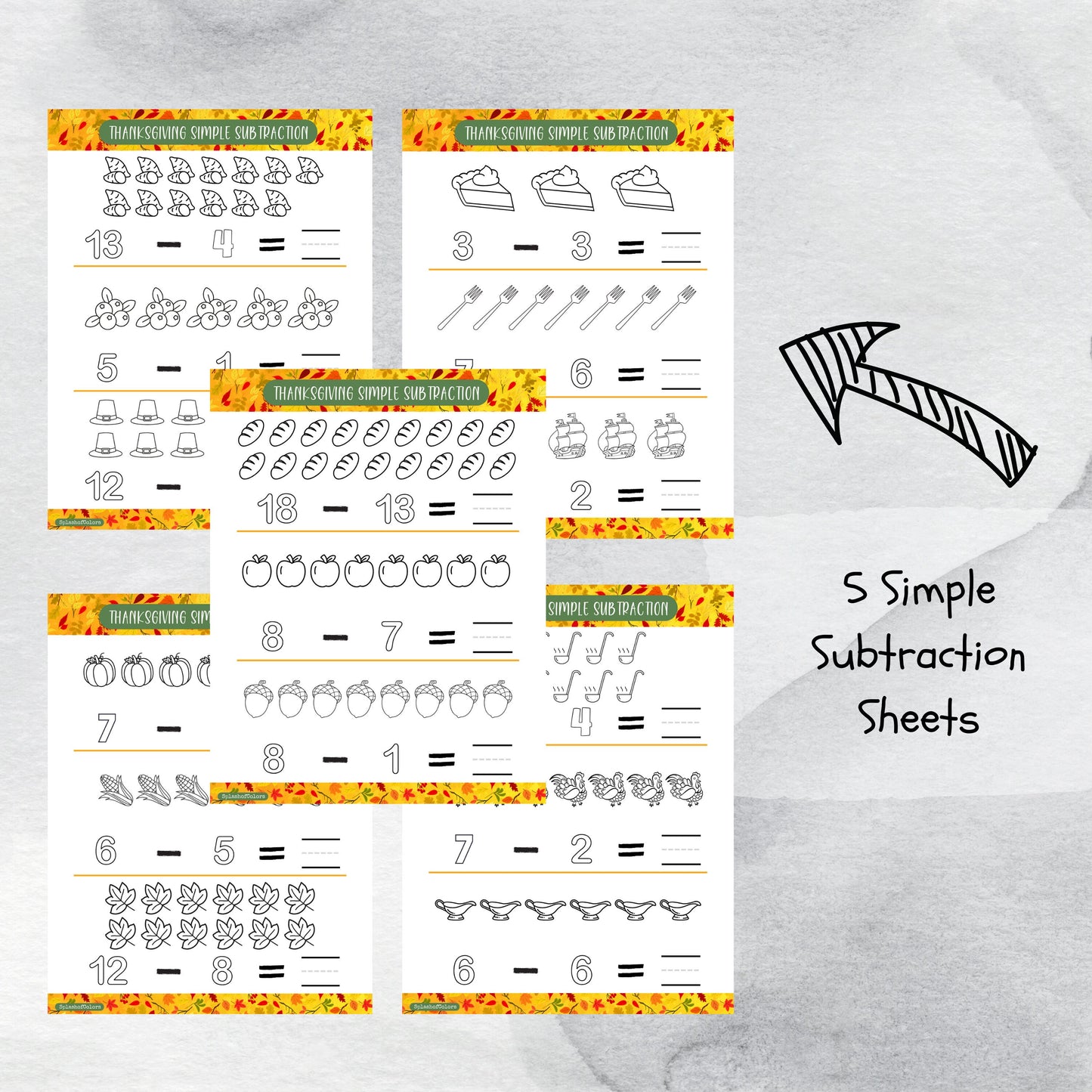 Simple Addition and Subtraction Fall Themed Math Worksheet Printables, Autumn Counting Templates