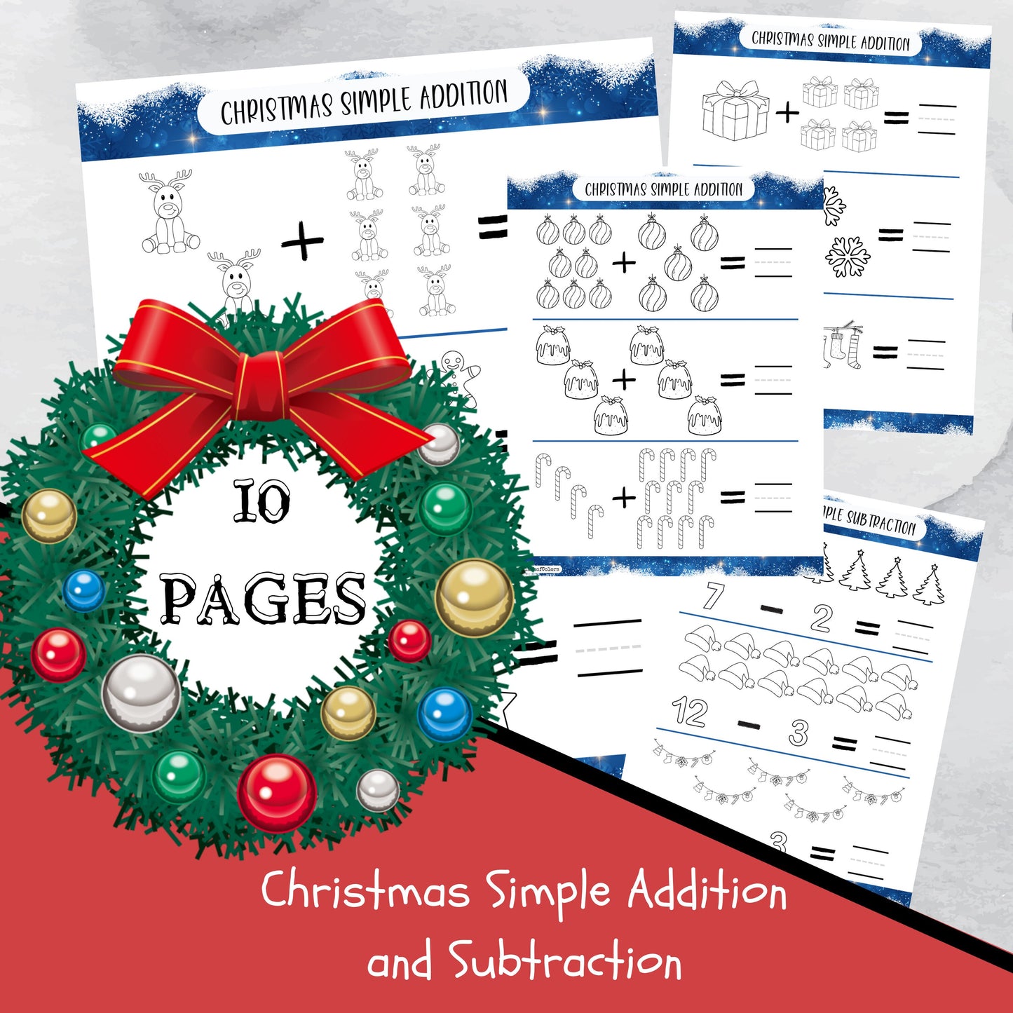 Simple Addition and Subtraction Christmas Themed Worksheets, Printable Winter Counting Templates