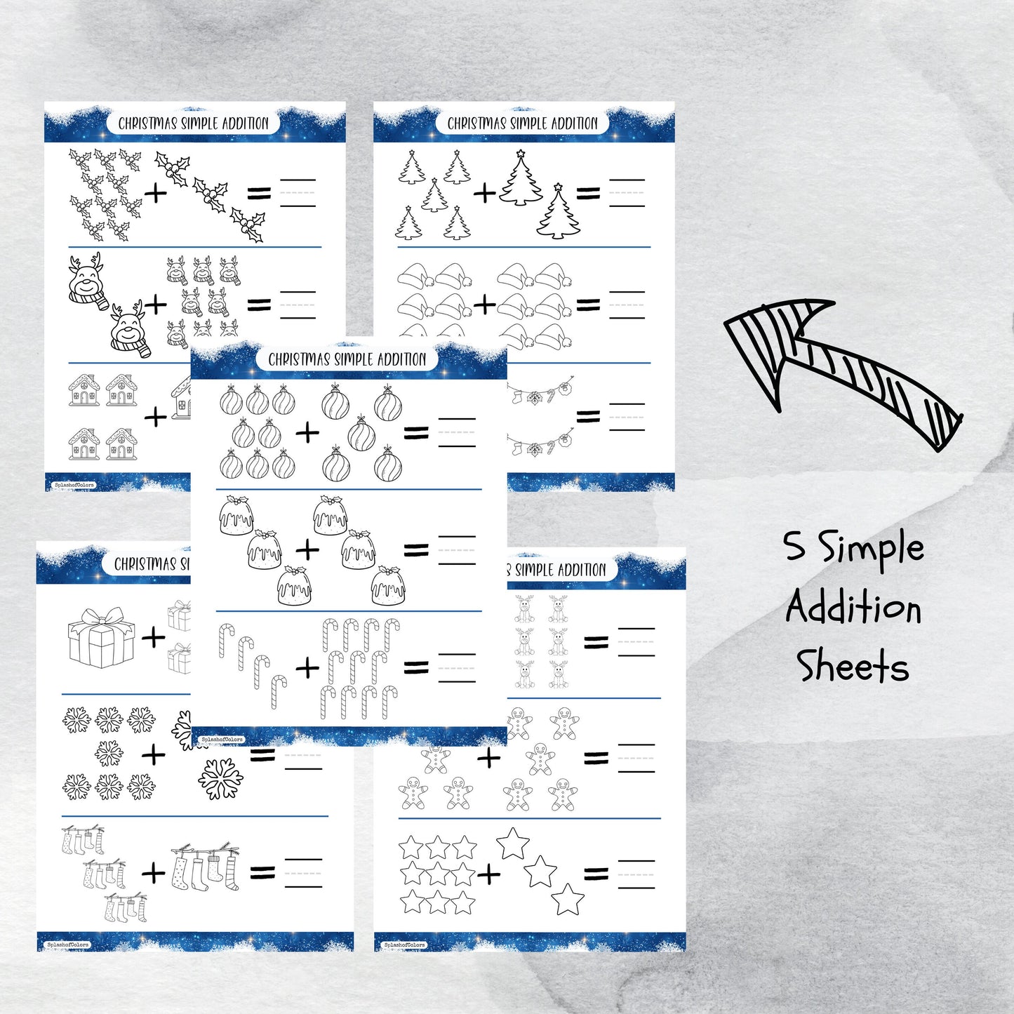 Simple Addition and Subtraction Christmas Themed Worksheets, Printable Winter Counting Templates