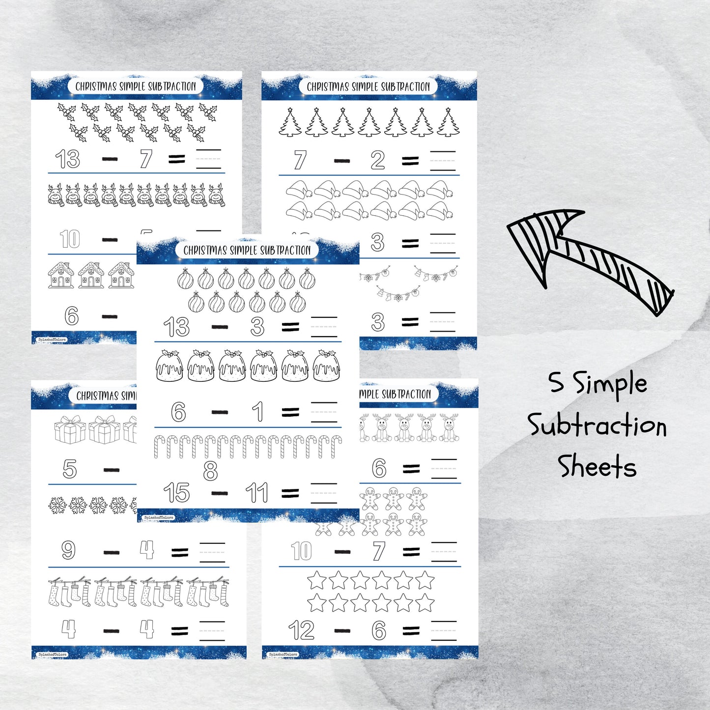 Simple Addition and Subtraction Christmas Themed Worksheets, Printable Winter Counting Templates