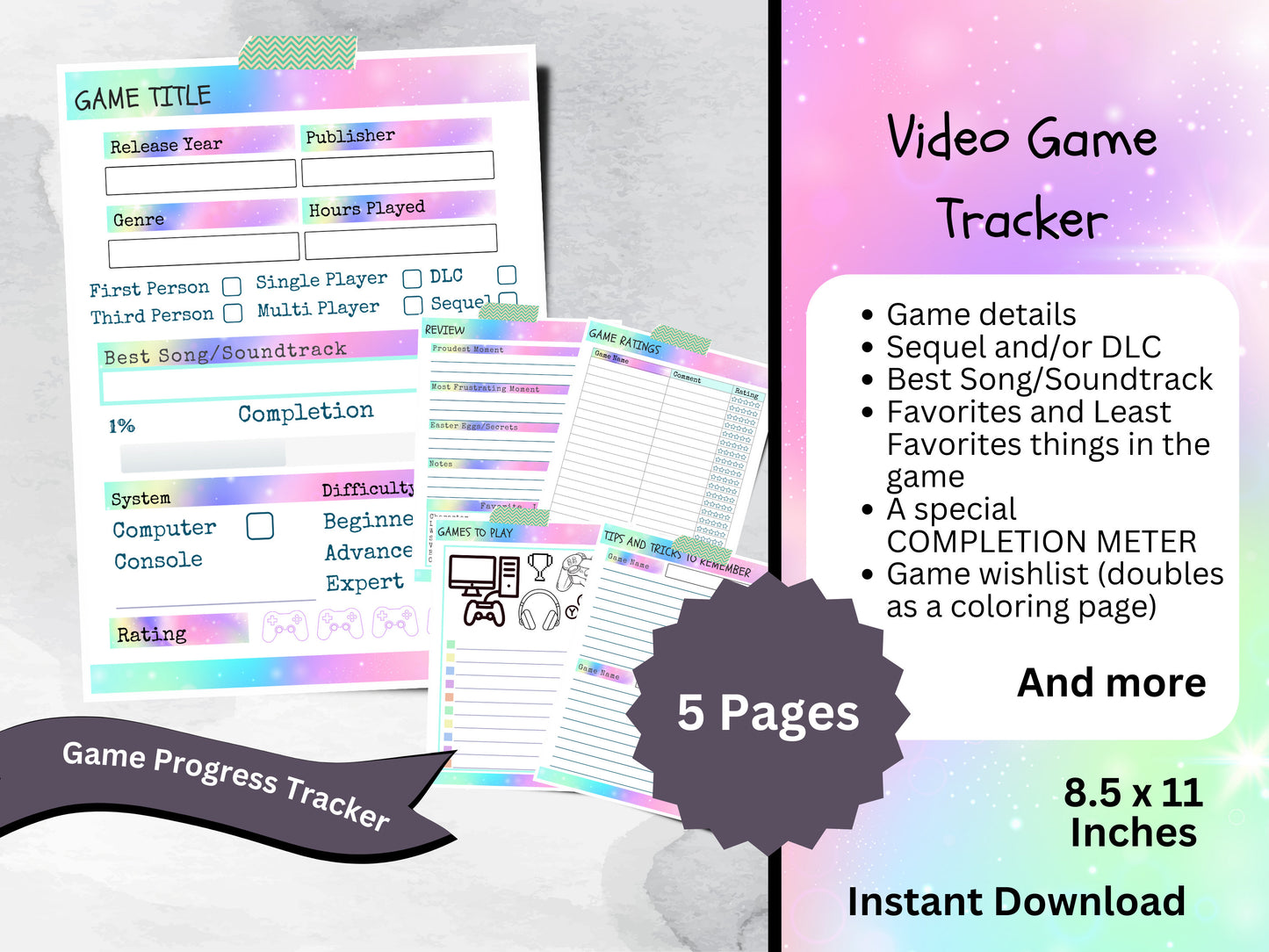 Printable Video Game Journal, Gaming Achievement and Goal Tracker