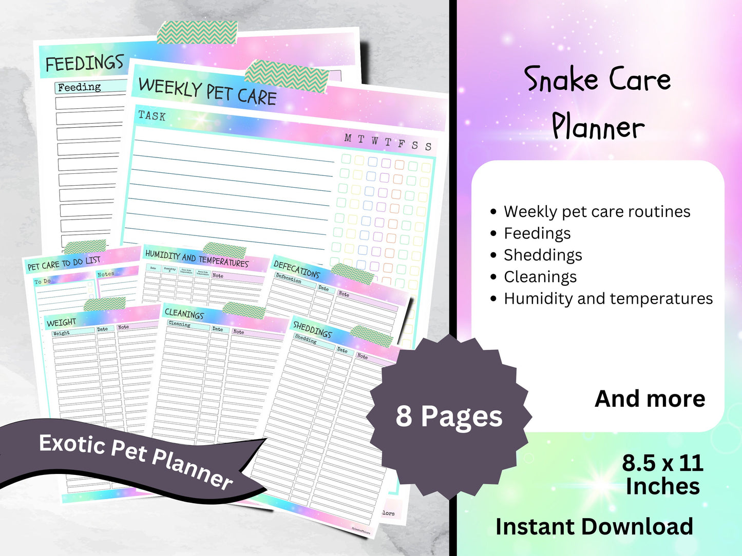 Snake and Reptile Printable Care Planner, Pet Health Log