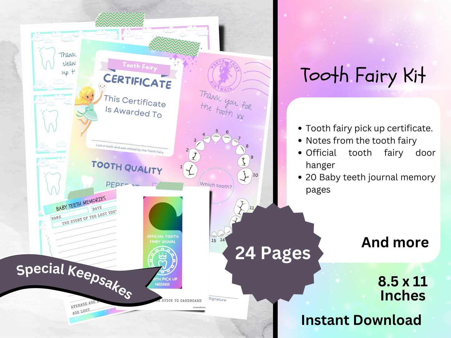 Printable Tooth Fairy Kit With Certificate, Note Cards, Door Hanger & Memory Journal