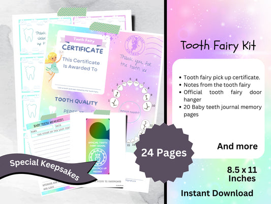 Printable Tooth Fairy Kit With Certificate, Note Cards, Door Hanger & Memory Journal