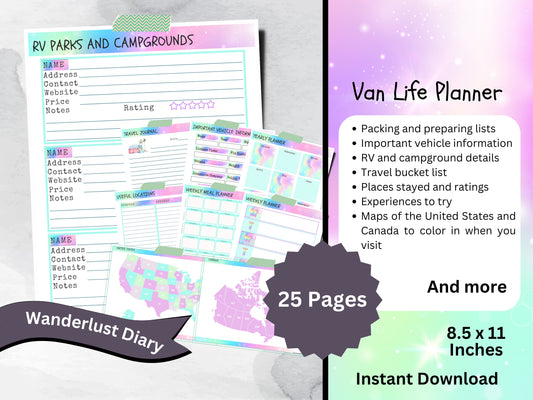 Printable Van Life Planner, Road Trip Travel Itinerary, RV Organization